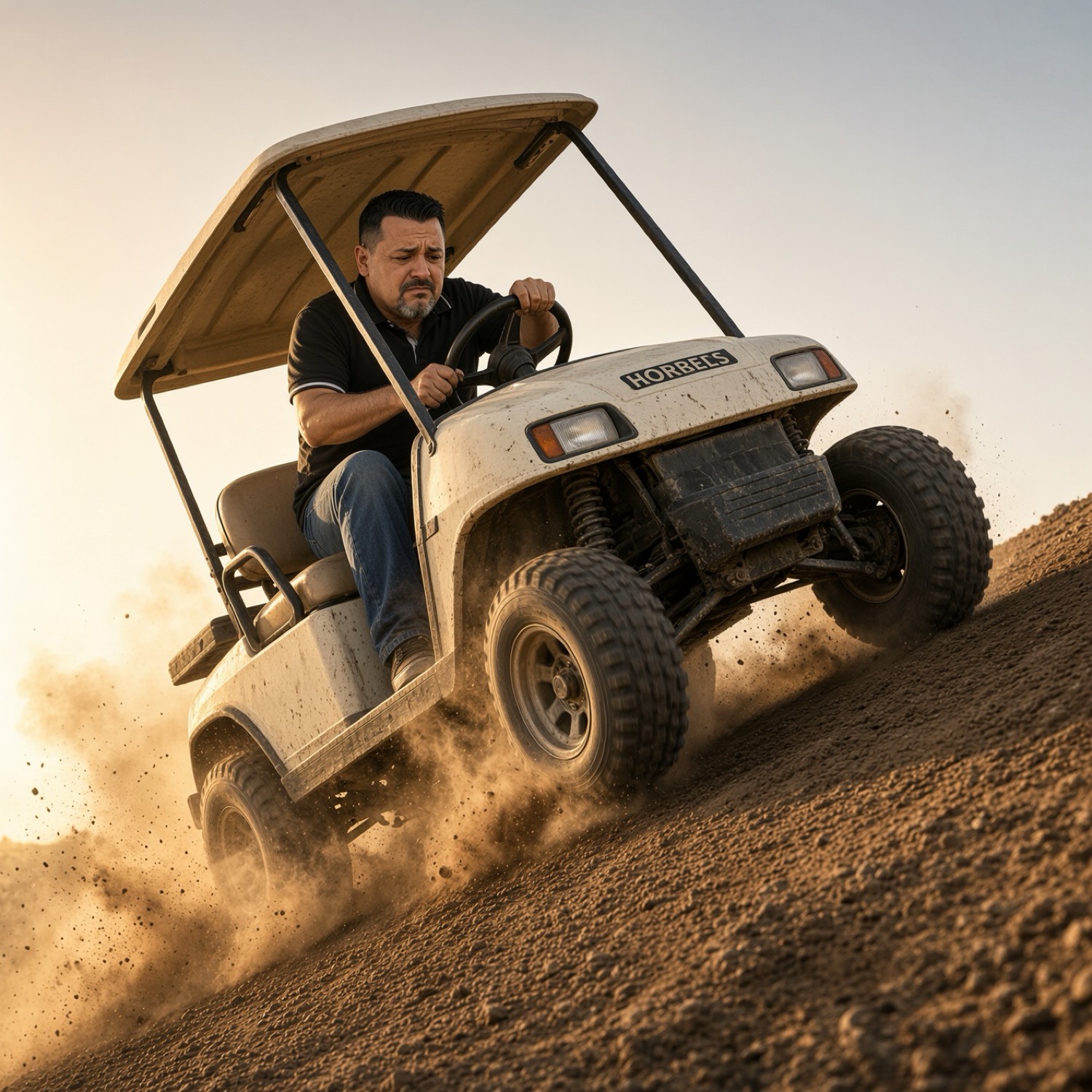 A driver steering a golf cart up a steep dirt grade